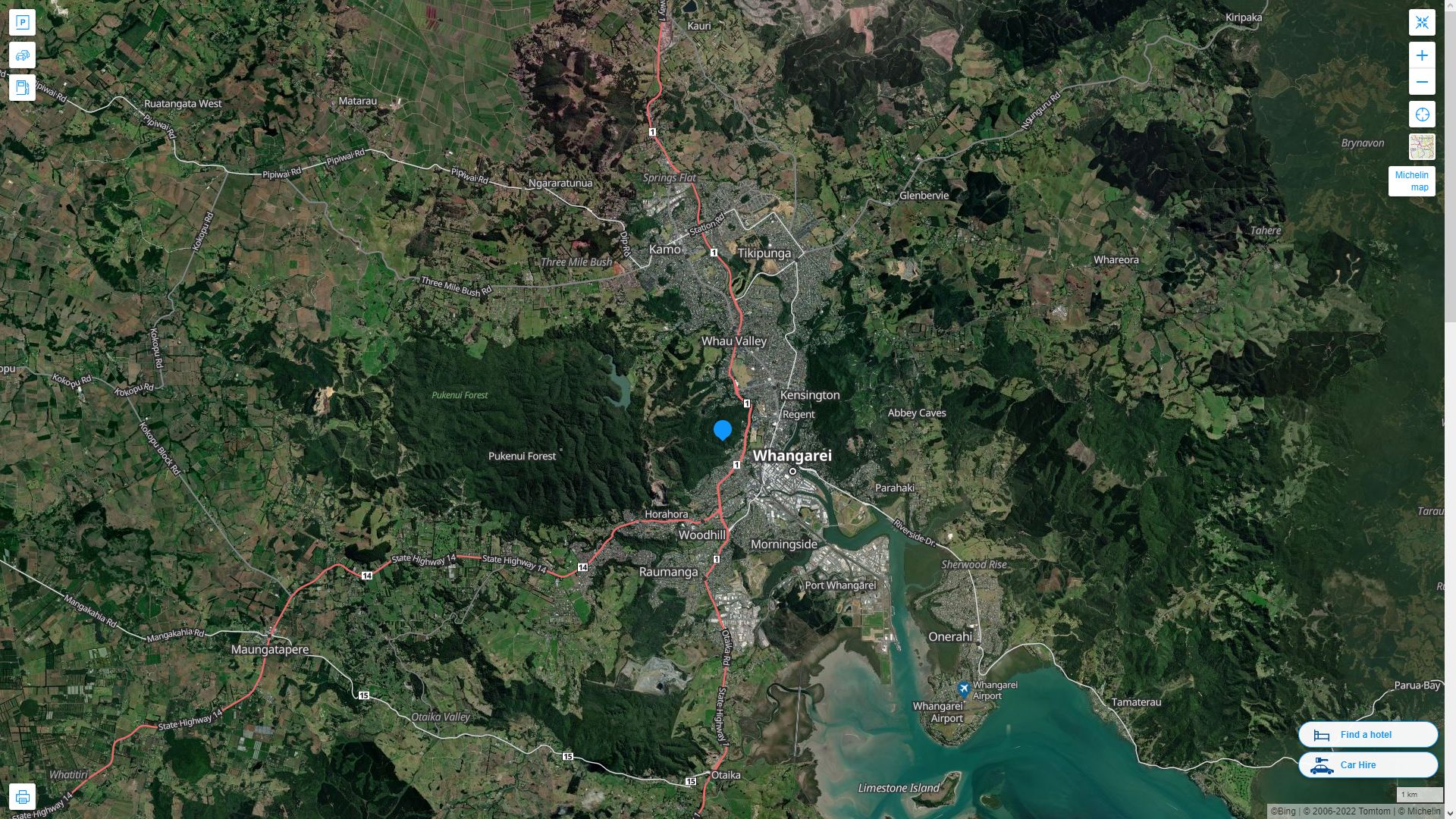 Whangarei Nouvelle Zelande Autoroute et carte routiere avec vue satellite